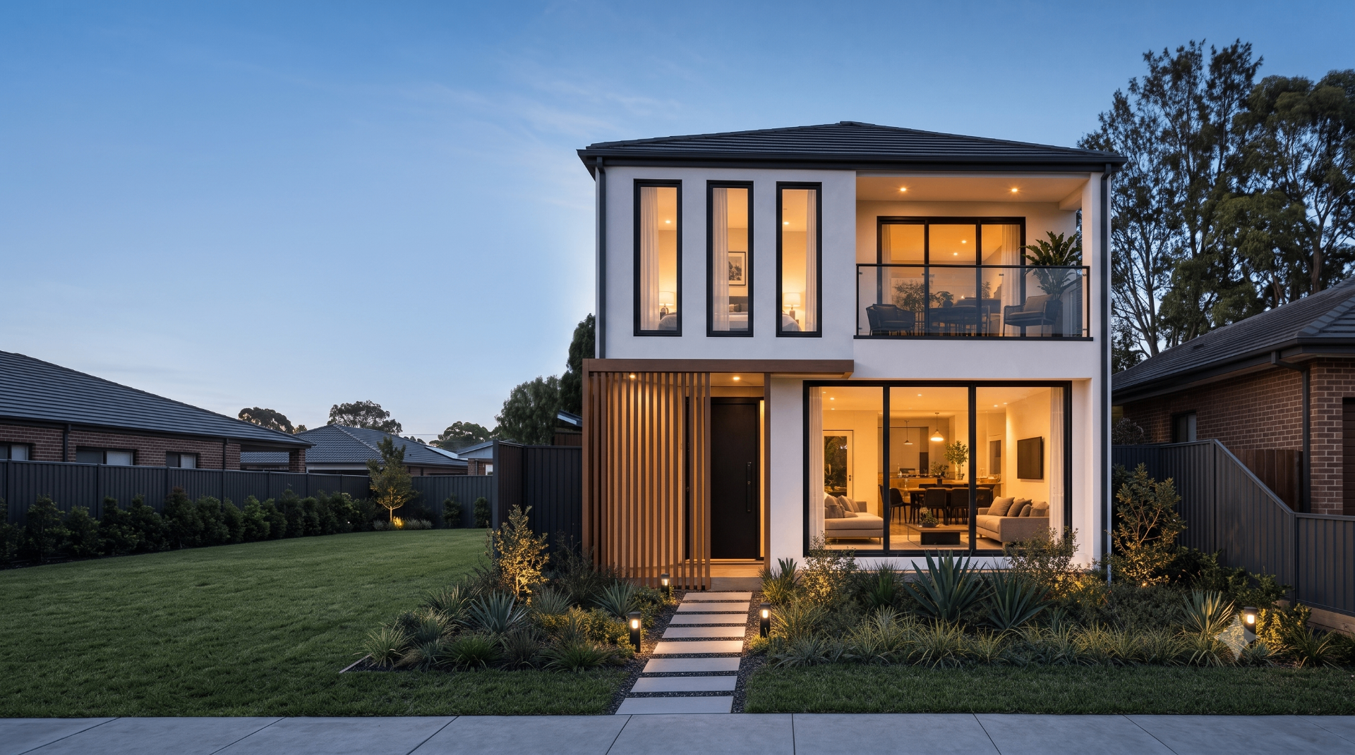 Modern two-storey co-living home glowing at dusk with landscaped garden
